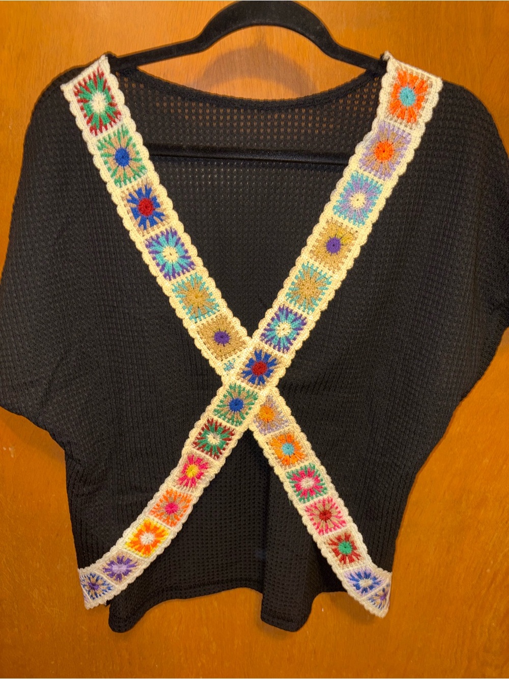 Topshop Black Short Sleeve Top with Cream Crochet Multicolor Floral Straps